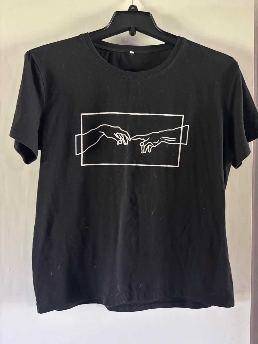 Black Graphic Crew Neck T-Shirt with Minimalist Hands Design